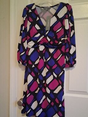 NY Collection Geometric V-Neck Dress - Fuchsia, Royal Blue, Black, White